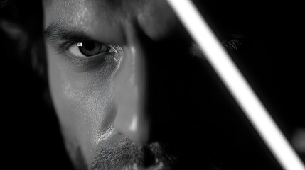 Dramatic portrait of a man in shadow with a bright diagonal light element