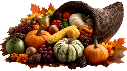 Traditional cornucopia filled with pumpkins, fruits, and vegetables, harvest abundance symbol, isolated on Transparent background