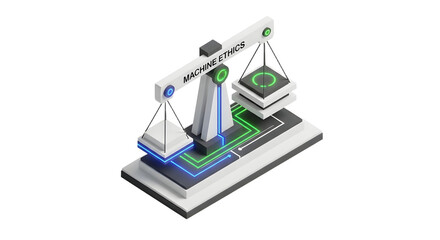 Futuristic Balance Scale with Technology and Ethics Symbols in White Green Black Colors