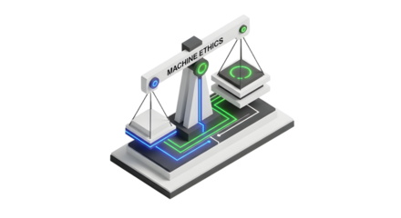 Futuristic Balance Scale with Technology and Ethics Symbols in White Green Black Colors