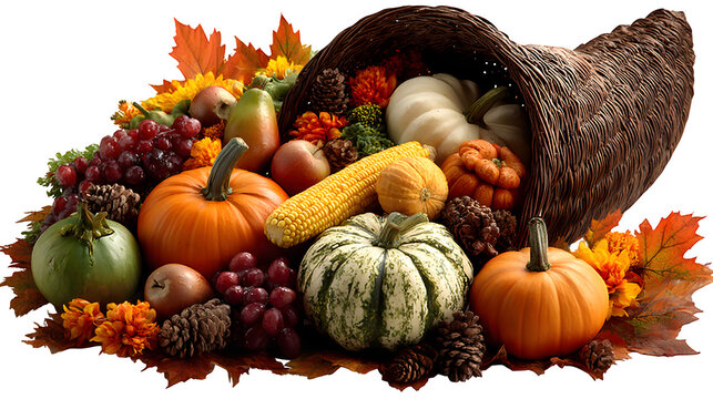 Traditional cornucopia filled with pumpkins, fruits, and vegetables, harvest abundance symbol, isolated on Transparent background