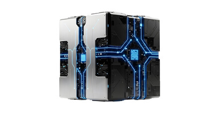 Futuristic Black and Silver Server Rack with Blue Circuitry Lights in Data Center