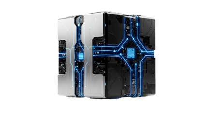 Futuristic Black and Silver Server Rack with Blue Circuitry Lights in Data Center