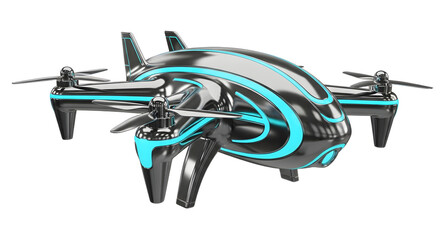 Futuristic Black Drone with Blue Light Accents Flying Over White Background