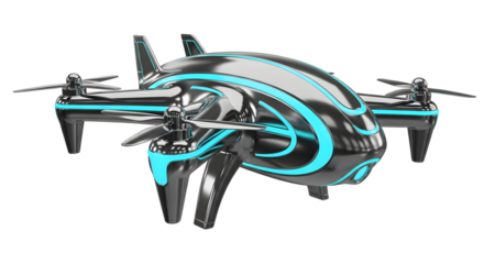 Futuristic Black Drone with Blue Light Accents Flying Over White Background