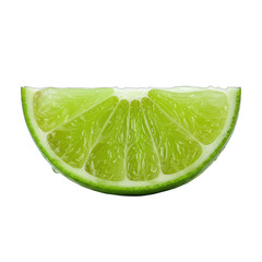 A bright, fresh, green lime wedge, showing juicy pulp and white pith on a black background
