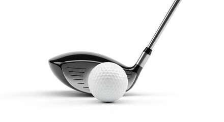 Closeup of a golf ball and driver isolated on white background, showcasing the sports equipment and precision needed for a successful swing