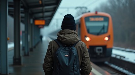 Fototapeta premium A person with a backpack waits as an orange train arrives at a misty station.