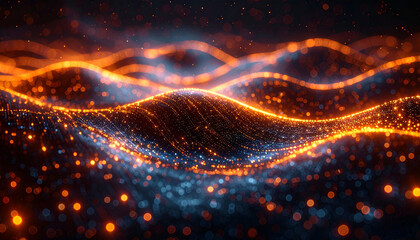 Dynamic Data Stream: Illuminated particles dance across a dark canvas, creating an abstract visual representation of complex data flows and technological advancements.