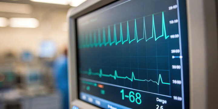 Vital heart monitor screen showing an EKG during critical clinical trials for new drug development. patient steady heartbeat reflects hope in modern hospital