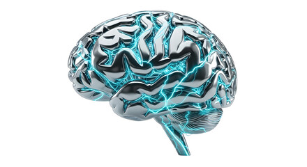 Futuristic Brain with Neon Electric Lines in Silver and Blue Colors Artistic Scientific Illustration