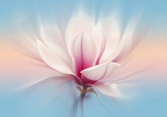 Obraz premium Open Magnolia Blossom with Light Pink Veins and Soft Petals Against Pale Blue Backdrop