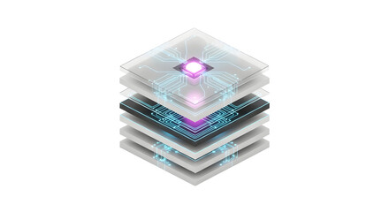 Futuristic Computer Chip Stack with Circuitry in Neon Purple and Blue on White Background