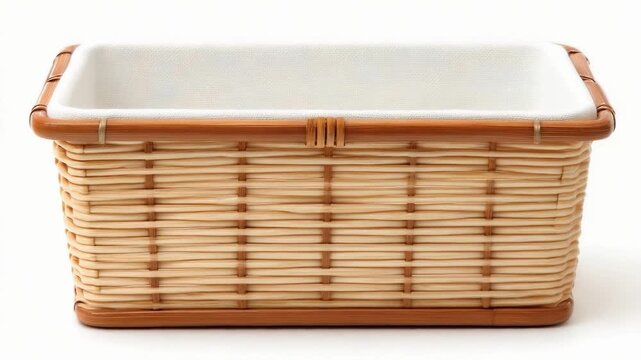 Rectangular woven wicker basket with a white interior lining.