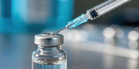 Hopeful medical research for new drug vaccine development. syringe in vial for clinical trials shows scientific progress for future medicine and healthcare treatment