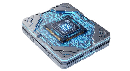 Futuristic Computer Hard Drive with Blue Circuitry and Glowing Elements on White Background