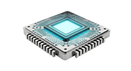 Futuristic Computer Microprocessor with Glowing Blue Light in Isometric View