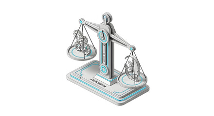 Futuristic Digital Balance Scale with Gears and Wires in White and Blue Style