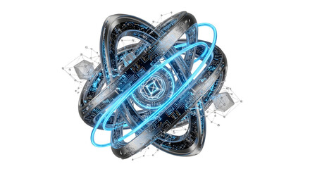 Futuristic Digital Atom Model with Blue Neon Rings and Circuitry Design