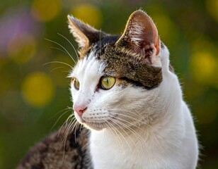 Close-up of a cat with striking green eyes, set against a blurred backdrop