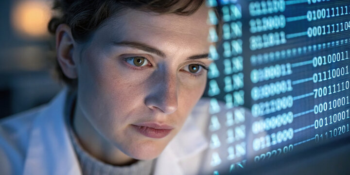 Focused woman scientist analyzes data for new drug development. Her work on clinical trial requires intense concentration on complex code displayed on screen