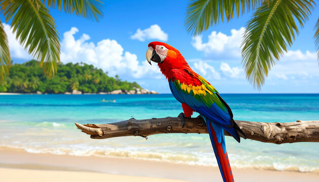 Scarlet Macaw on Tropical Beach