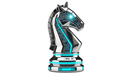 Futuristic Digital Chess Knight with Cybernetic Design in Silver and Blue on White Background