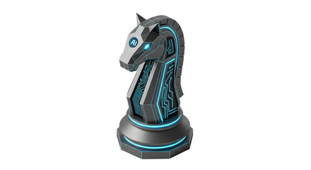 Futuristic Digital Chess Knight with Neon Blue Circuitry in Transparent Background