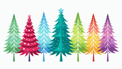 Vector art of a vibrant row of christmas trees, each a different color, stands against an, creating a festive and cheerful scene