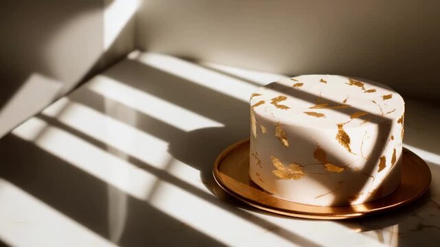 White frosted cake with gold leaf on a copper plate, bathed in diagonal sunlight and striped shadows.