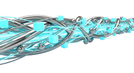 Futuristic Digital Circuit Network with Blue Glowing Elements and Metallic Wires