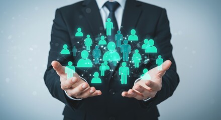 Businessman s hands holding a glowing digital network of diverse people icons representing human resources talent management and global connections