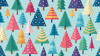 Vector art of a delightful array of christmas trees, each with unique patterns and colors, creating a festive and cheerful holiday background design