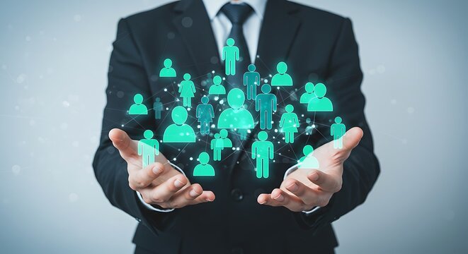 Businessman s hands holding a glowing digital network of diverse people icons representing human resources talent management and global connections