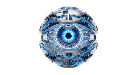 Futuristic Digital Eye with Circuitry and Blue Glowing Iris on White Background
