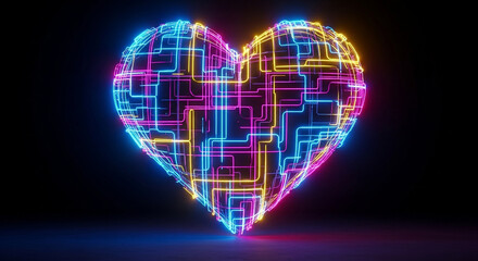 A glowing neon heart with intricate circuit patterns on a black background, symbolizing love, technology, and futuristic connections in vibrant colors