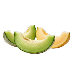 Assorted fresh green and orange melon wedges, glistening with water on black