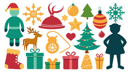 Vector art of colorful christmas icon set, featuring festive elements like trees, ornaments, gifts, and characters for holiday designs