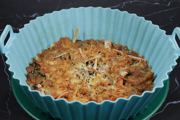 Classic Homemade Baked Pizza with crab stick. Omelet egg serving with oregano and cheese.