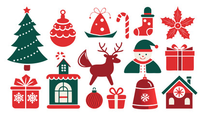 Fototapeta premium Vector art of a set of festive christmas icons in red and green featuring a christmas tree, reindeer, snowman, gifts, and other holiday elements