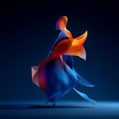 An abstract representation of a figure in flowing fabric, illustrating movement and vibrant color contrast in design.