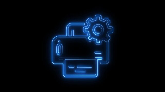 Blue neon printer icon with gear animation representing printing technology and mechanical