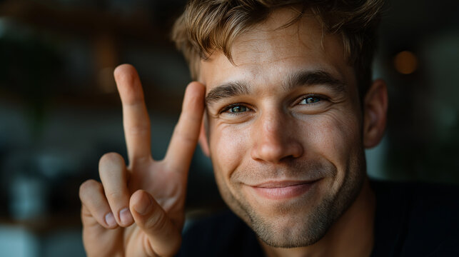 Cheerful young man flashing a peace sign, under soft natural light, highlighting playful expression and relaxed pose, serene portrait scene, calm peace lighting, with copy space