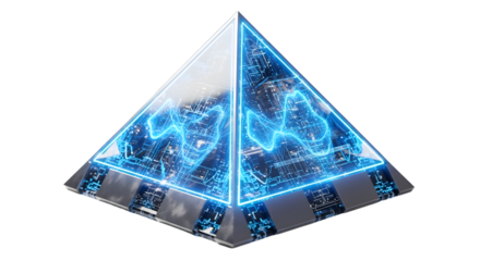 Futuristic Holographic Pyramid with Blue Circuitry and Data Visualizations on Transparent Background