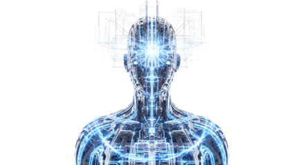 Futuristic Human Robot with Digital Neural Network and Circuitry in Bright Blue and White