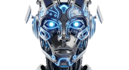 Futuristic Humanoid Robot Face with Blue Neon Lights Cybernetic Artificial Intelligence