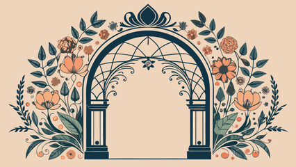 Vector art of decorative floral archway with blooming flowers and foliage for invitations and ornamental designs