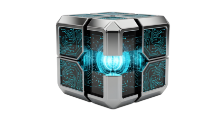 Futuristic Metallic Cube with Digital Circuitry and Glowing Blue Core for Technology and Innovation Concepts