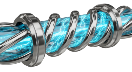 Futuristic Metallic Coil with Blue Electric Lightning Inside High Tech Mechanical Design