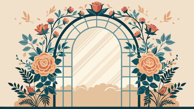 Vector art of elegant rose archway with blooming flowers and foliage romantic garden entrance with floral decoration wedding or event backdrop with botanical elements
